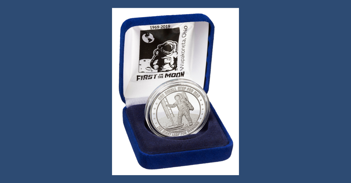 Neil Armstrong on Moon silver coin and case